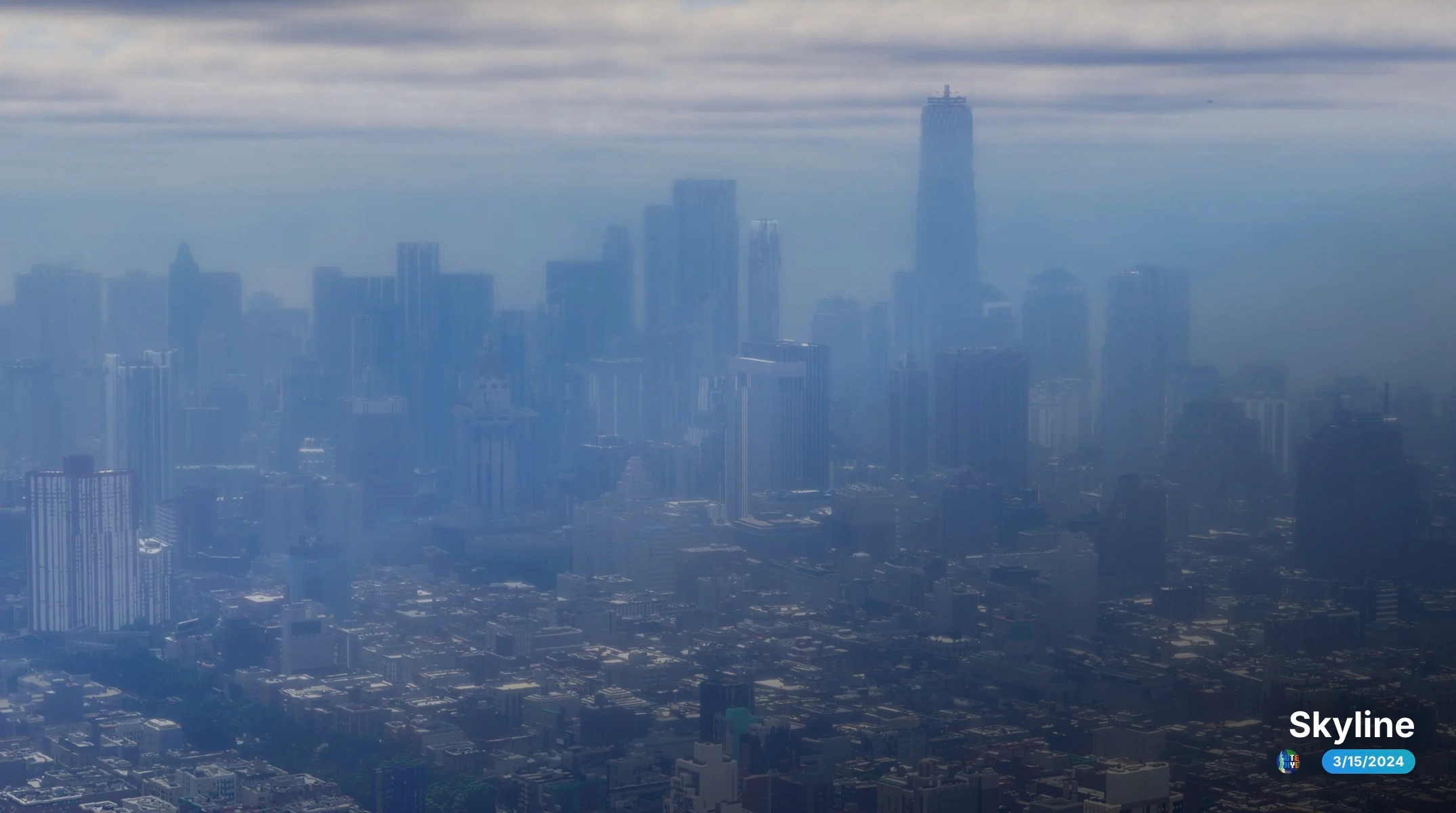 New York Skyline from afar in Minecraft screenshotted from the BuildTheEarth gallery, March 2024