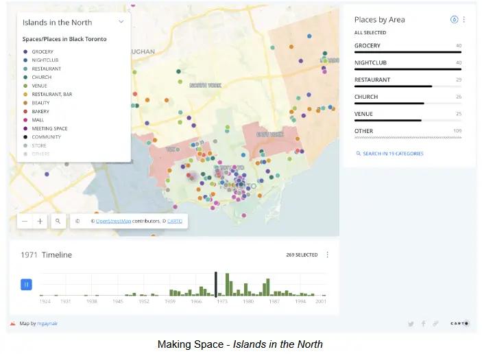 Interactive “Islands in the North” map showing Black cultural spaces across Toronto, with category filters and a timeline view.