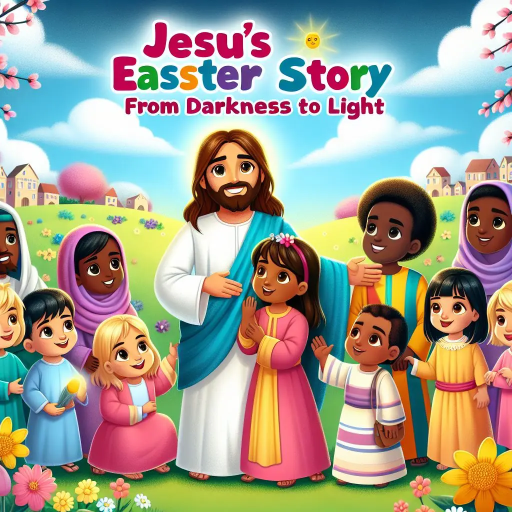 Jesus stands among smiling children in a green field with flowers and trees. The background includes houses, a rainbow, and a smiling sun.