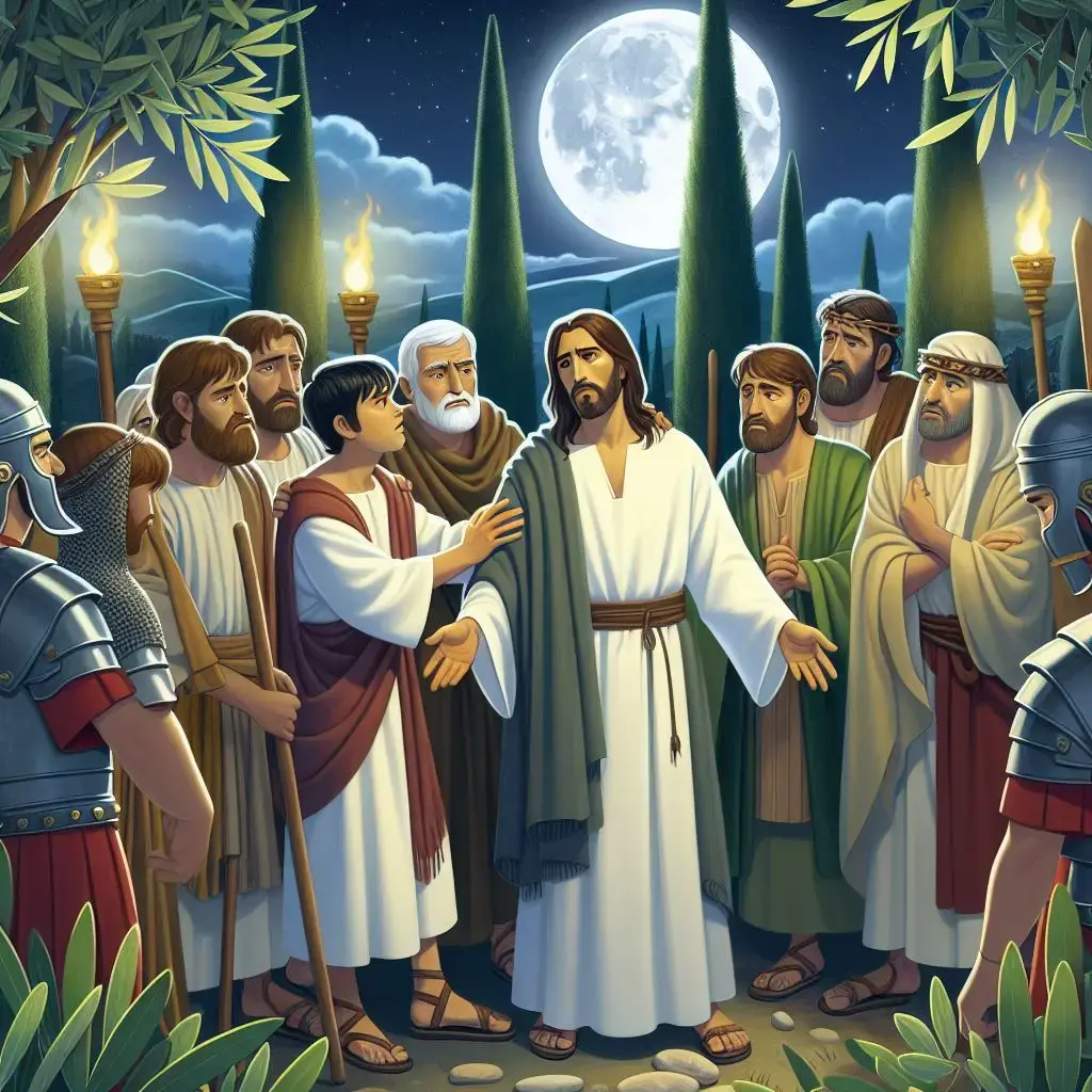 Jesus, in white robes and a green shawl, stands among disciples and Roman soldiers holding torches. The scene is set at night under a full moon with tall trees and mountains.