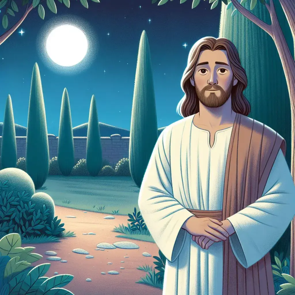 Jesus stands alone in a moonlit garden, wearing a white robe and brown sash. He clasps his hands gently, surrounded by cypress trees and a stone path under a starry sky.