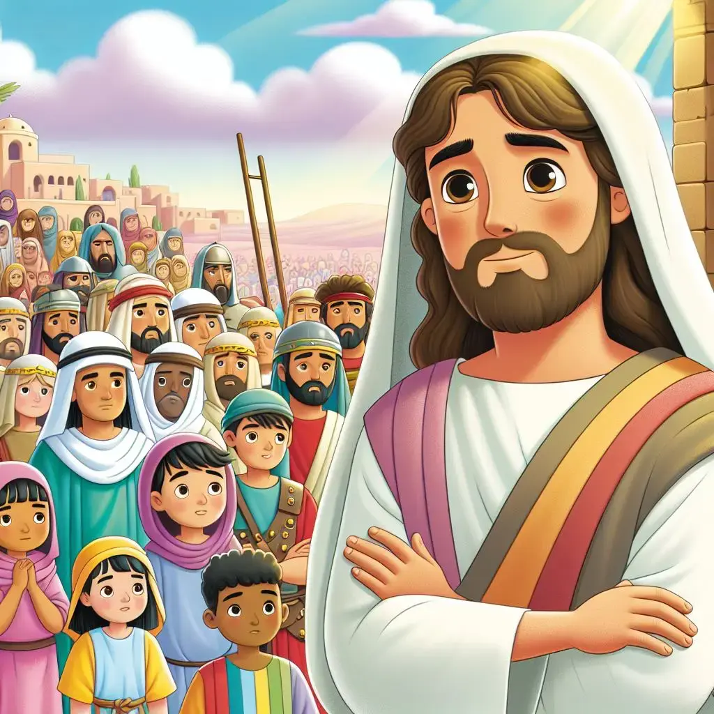 Jesus stands calmly with arms crossed, wearing a white robe with a purple and gold sash. A large crowd watches with emotional expressions under a bright sky with palm trees and domed buildings.