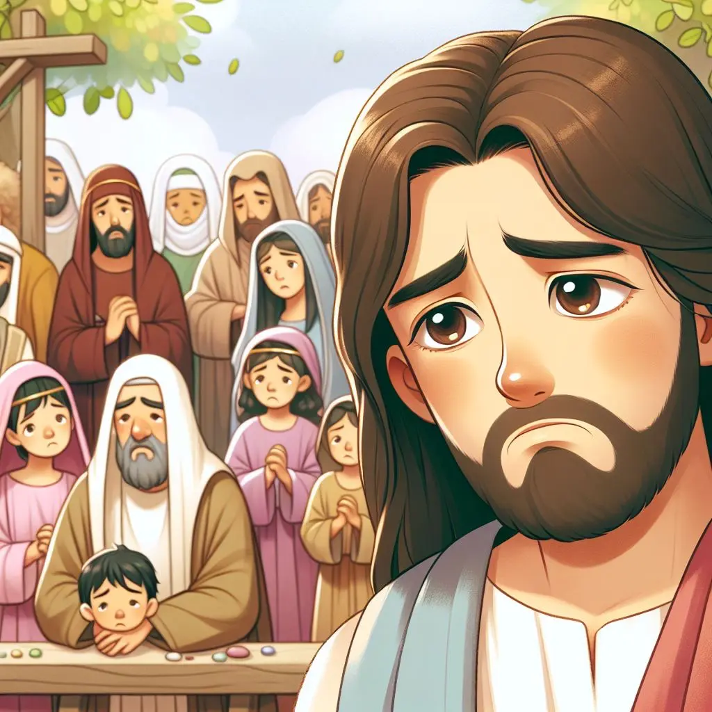  A sorrowful Jesus in a blue sash stands before a solemn crowd and leafy trees.