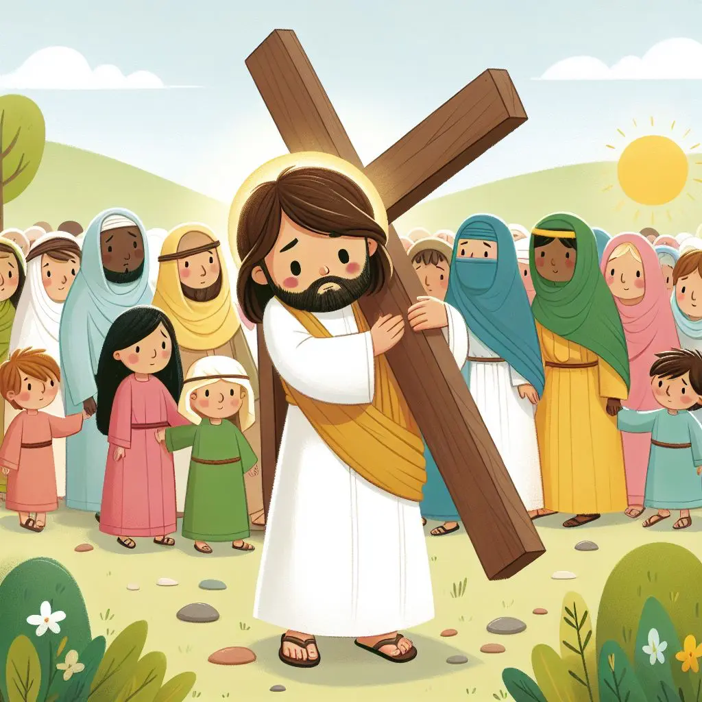 Jesus, with a halo and golden sash, carries a large wooden cross through a crowd in a sunny landscape with green hills and a bright sky.