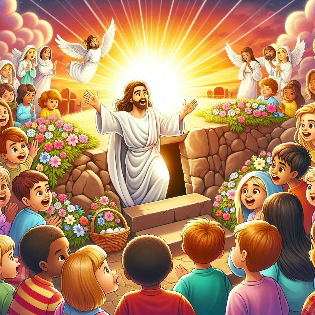 Jesus emerges from a stone tomb with radiant light behind him, arms raised. Angels hover above, and children and adults watch in awe. Flowers and a basket sit near the tomb.