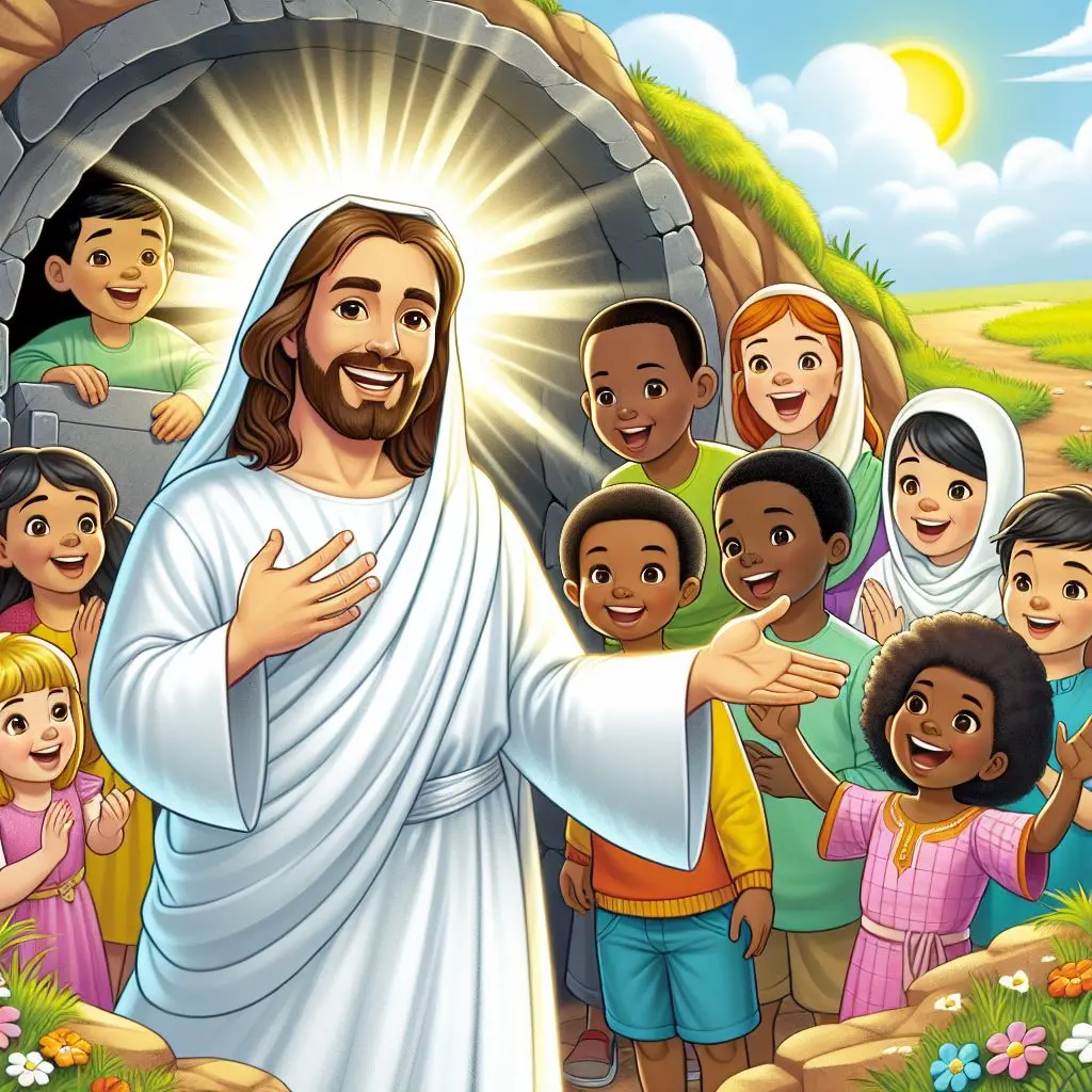 Jesus stands in front of an open tomb, surrounded by smiling children. Light radiates from his head, and the background features a sunny sky and green hills.