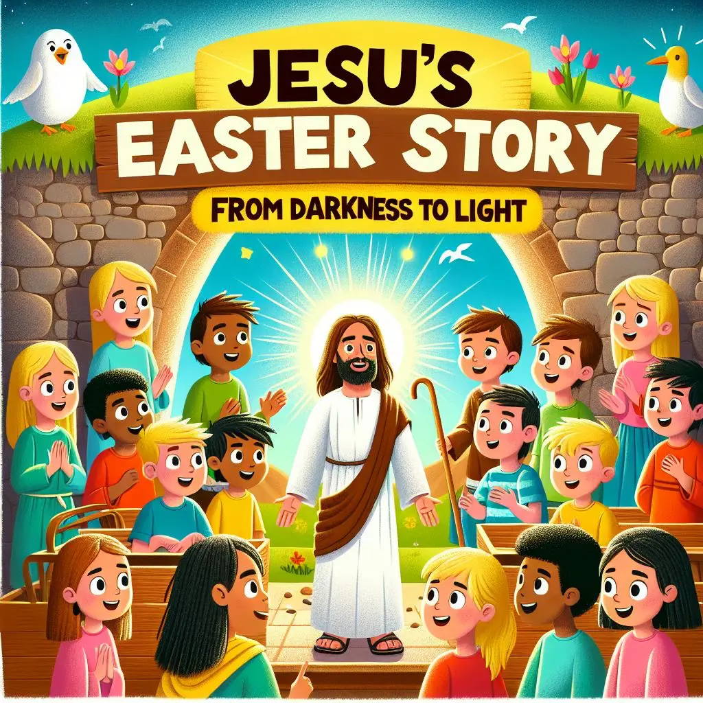 Jesus stands under a stone archway, surrounded by joyful children. The background includes green hills, birds, butterflies, and a bright sun.