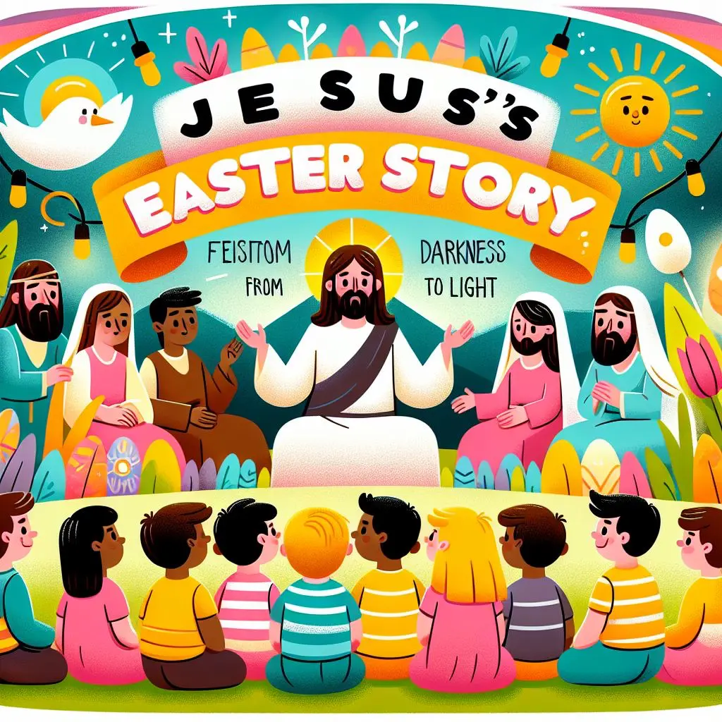 Jesus sits with arms open, surrounded by children and adults. The background features Easter eggs, flowers, a dove, and a shining sun.