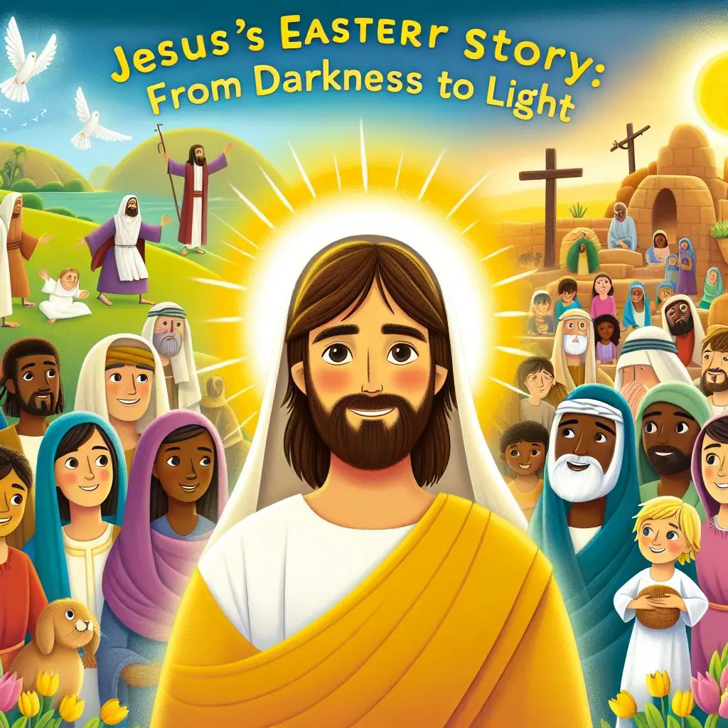 Jesus stands among smiling children and adults. Behind him are three crosses, an empty tomb, doves, lambs, and a sunrise.