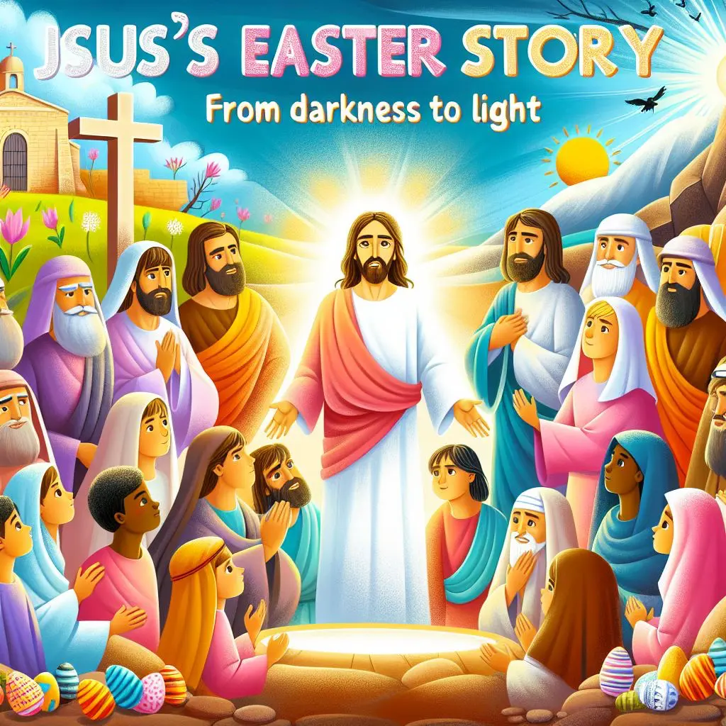 esus stands in front of a church, surrounded by reverent people. The background includes a cross, blooming flowers, birds, and Easter eggs under a bright sun.