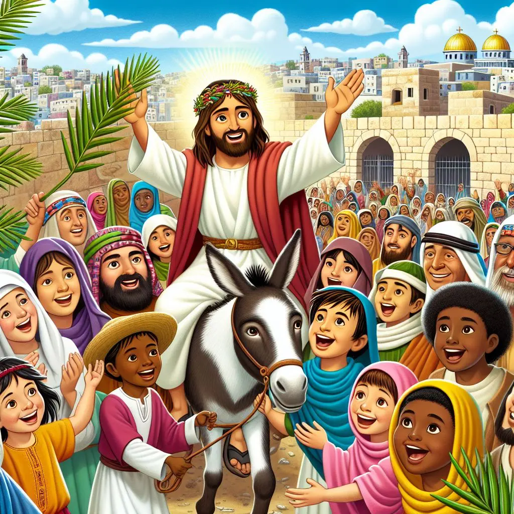 Jesus rides a donkey through a joyful crowd waving palm branches. He wears a white robe, red cloak, and crown of leaves, with a glowing halo. The background features stone buildings and a cityscape.