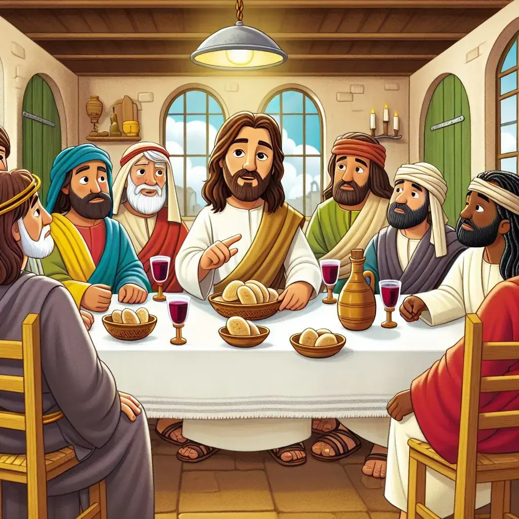 Jesus sits at the center of a long table with twelve disciples, sharing bread and wine in a room with arched windows and green shutters.