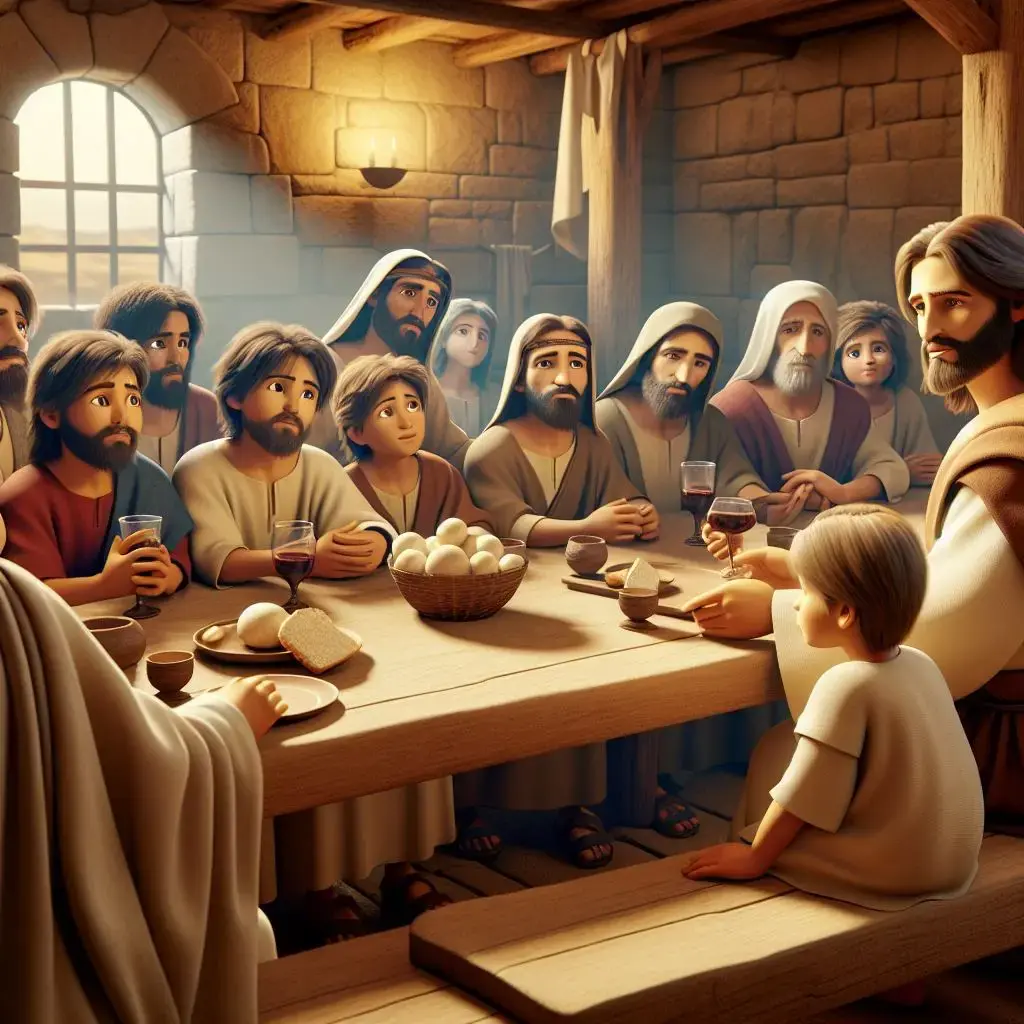 Jesus holds a cup at a rustic wooden table surrounded by disciples. The table includes bread, eggs, and wine in a warmly lit stone room.
