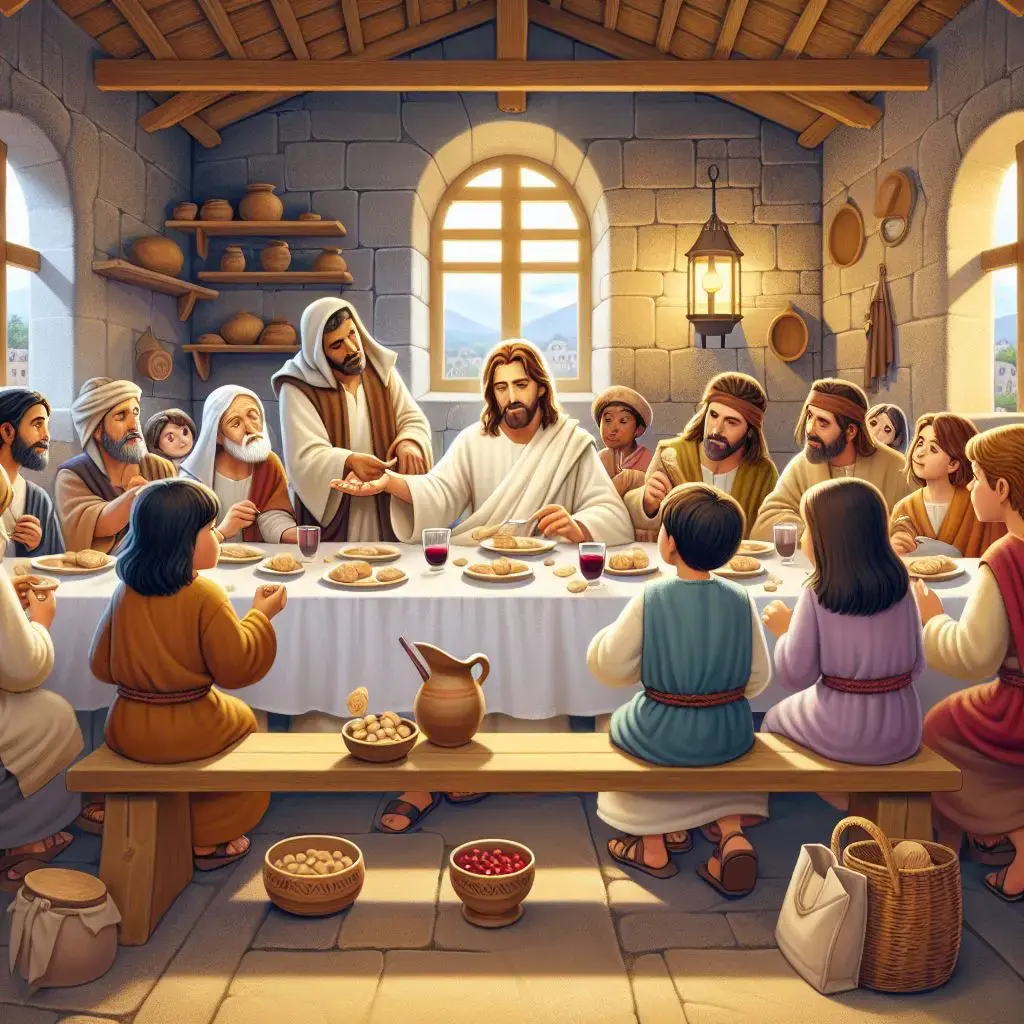 Jesus blesses bread at a long table with twelve disciples in a stone-walled room. The table is set with bread, wine, and bowls of food.